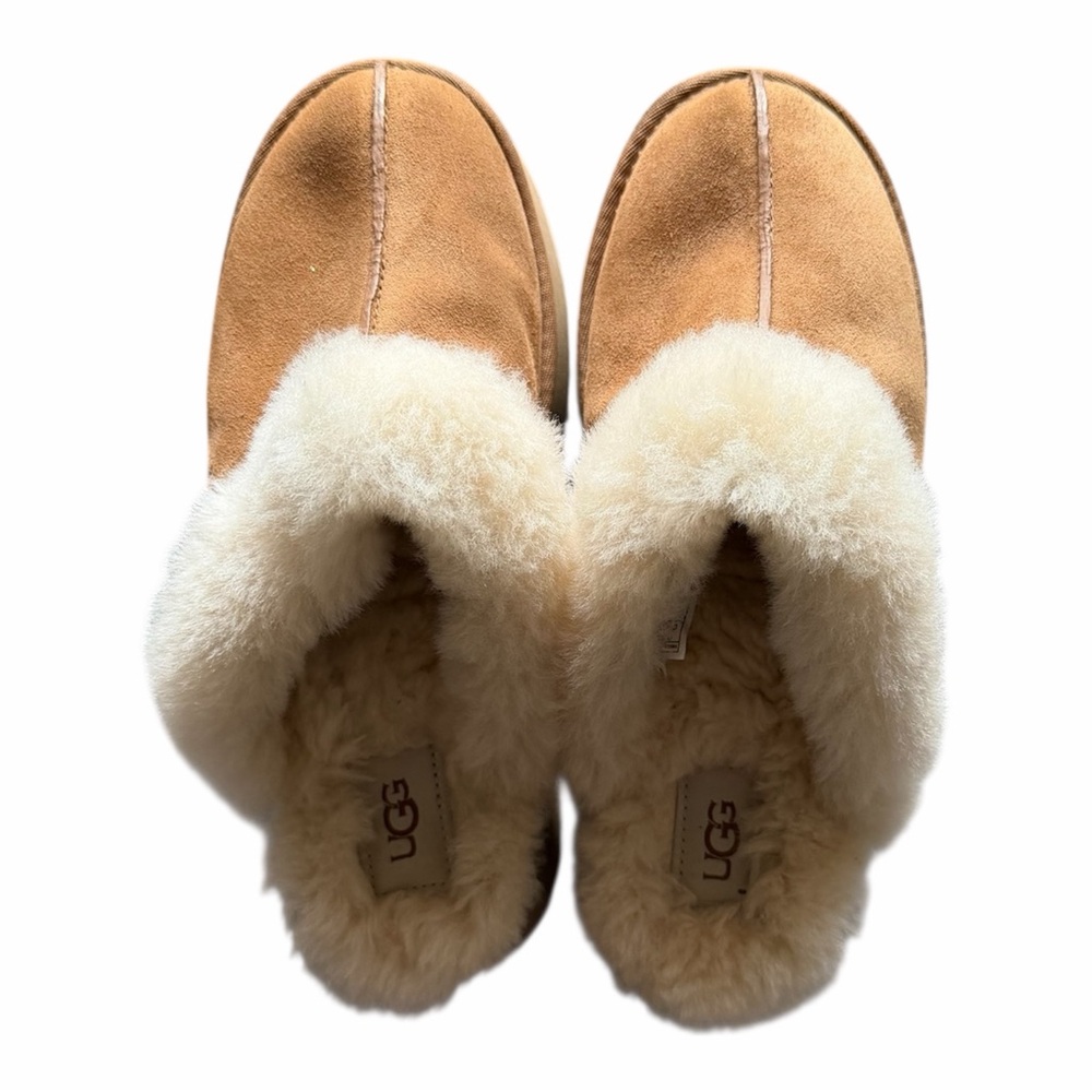 UGG Disquette Chestnut Suede Platform Slippers 9 Sheepskin Fur 1122550 Coquette - Picture 2 of 12